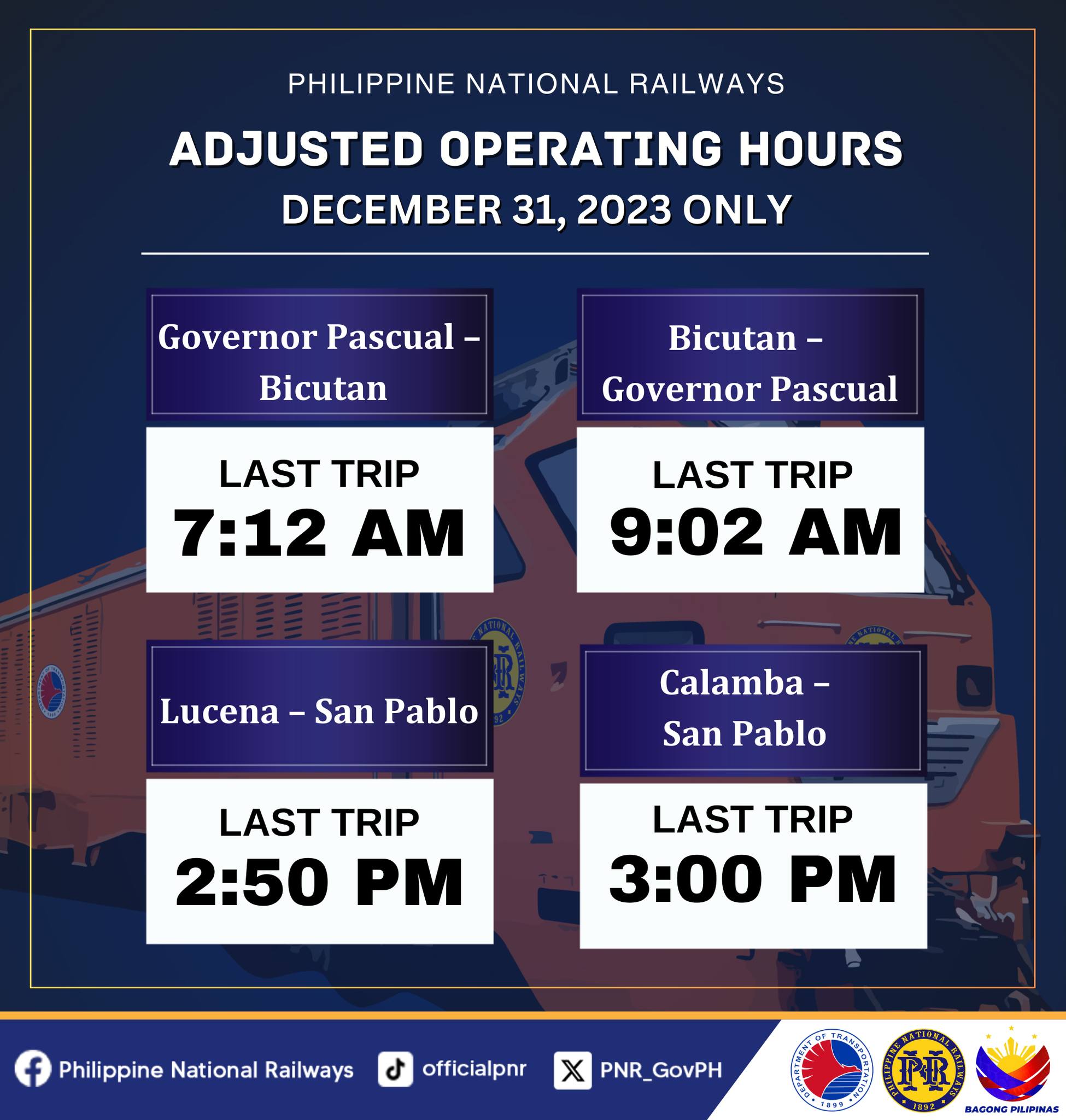 PSA MRT3, LRT1, PNR to implement adjusted operating schedule for